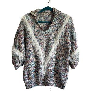 Beautiful Knit Sweater Multicolor Fringe Detail Collar Warm Cozy